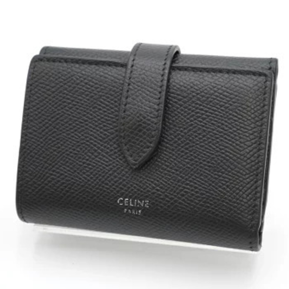 Celine Fine Strap Wallet Bifold Compact Leather Black
